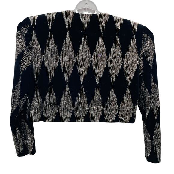 Vintage After Dark Black Velvet Glitter Argyle Cropped Dressy Evening Jacket 10 - Picture 3 of 10